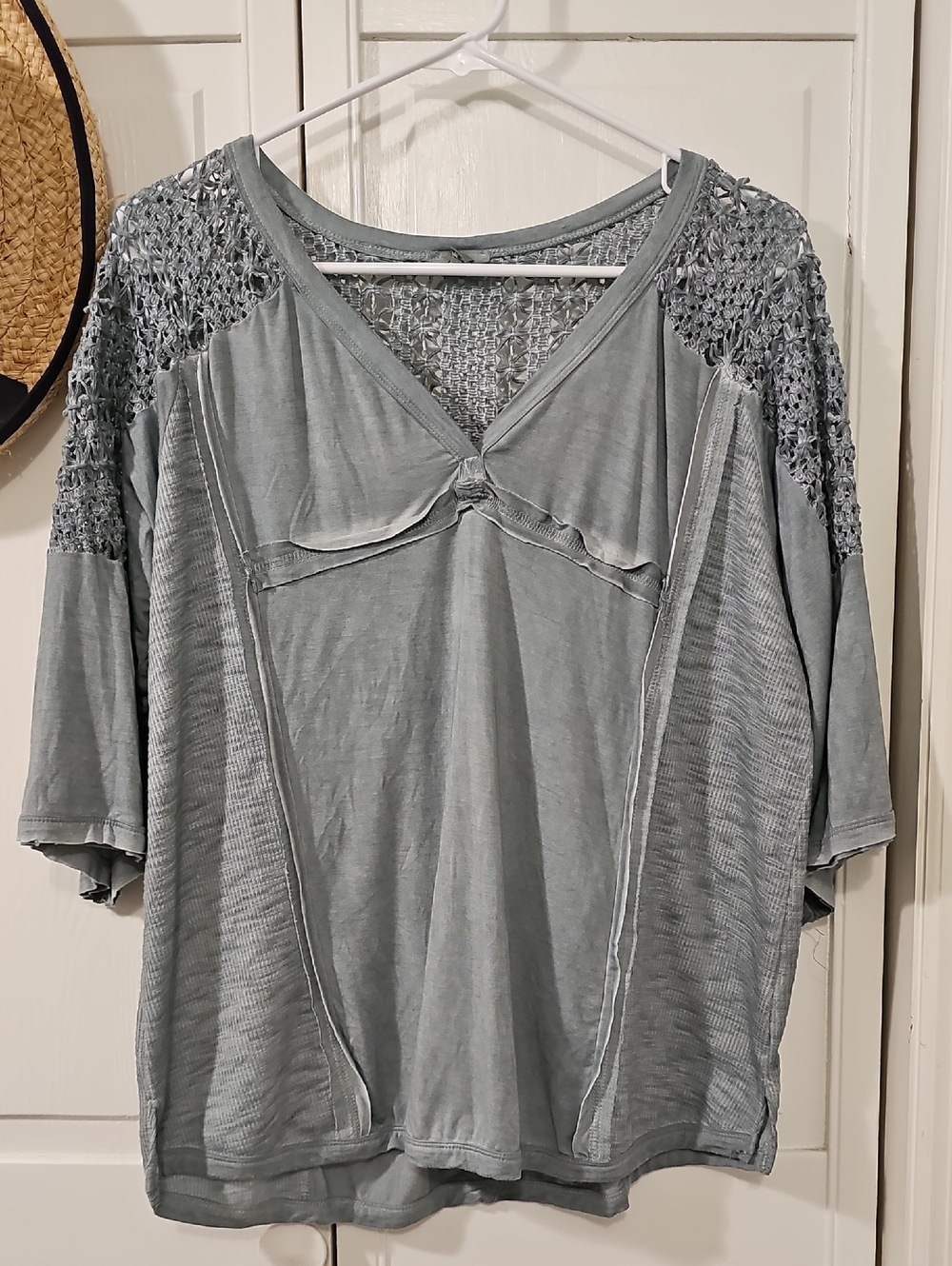 POL Blue-green Crochet-Trim Boho Knit Top.. Pretty!